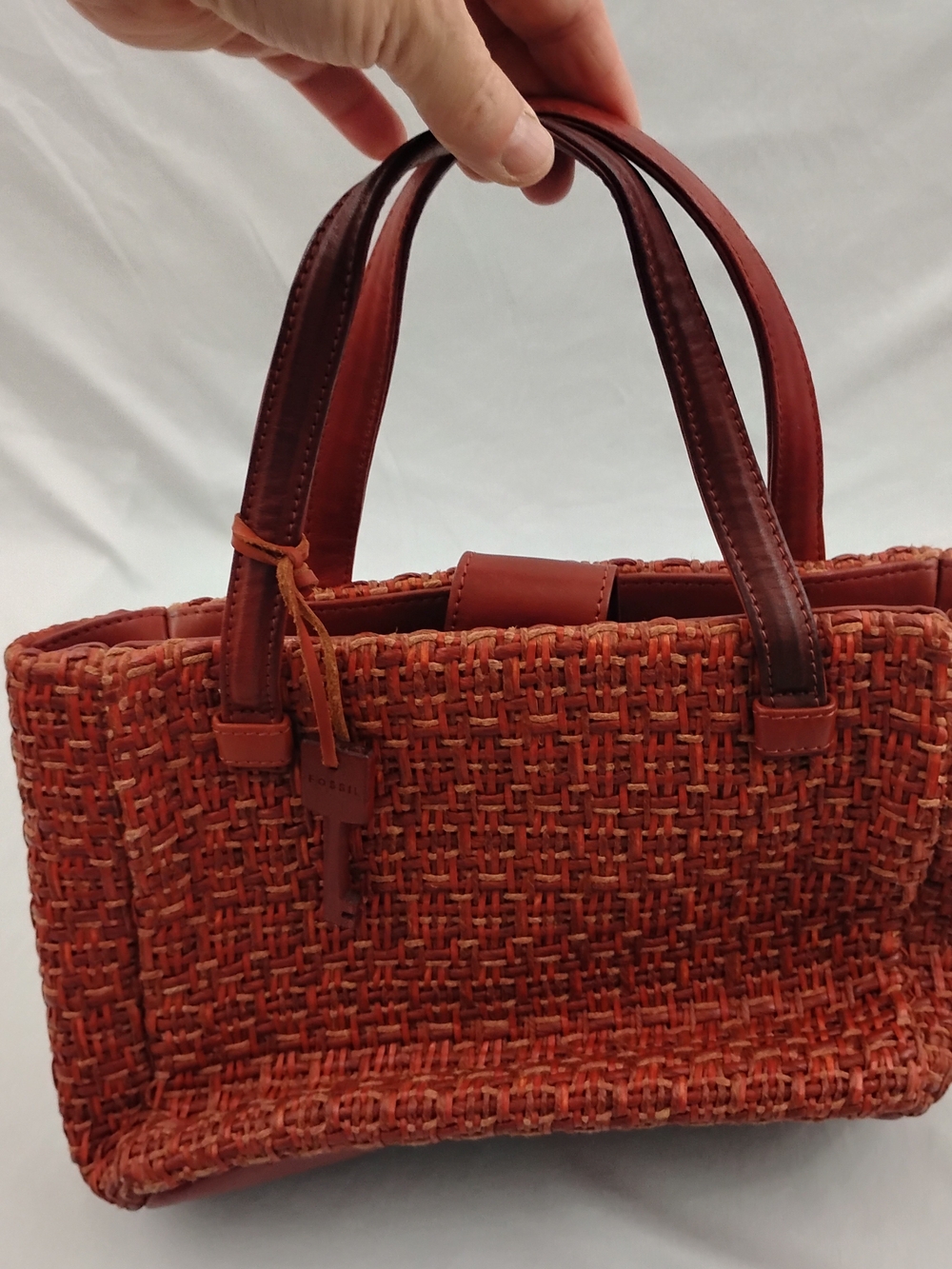 Fossil Woven Red Handbag with Leather Handles